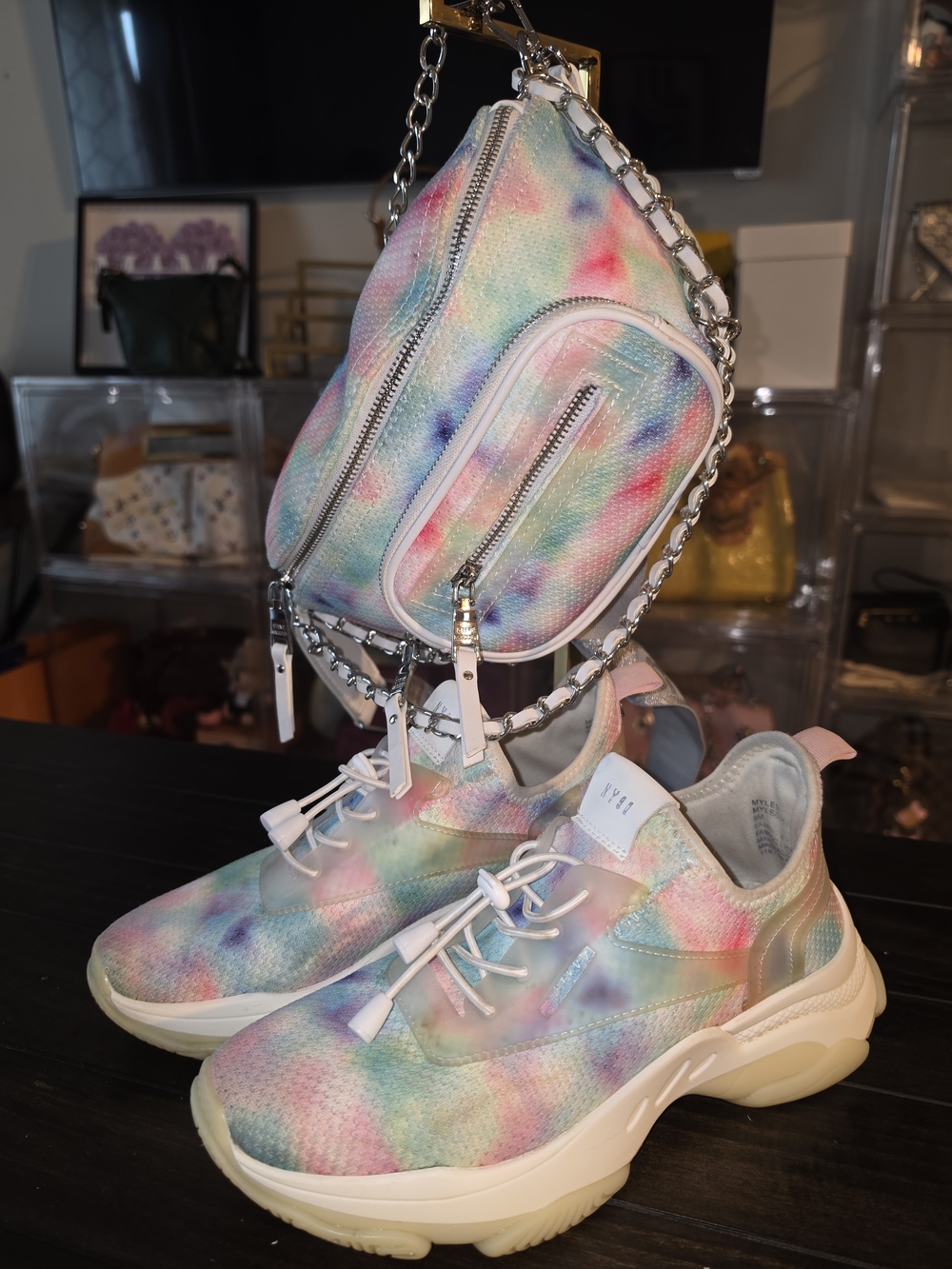 Pastel Tie-Dye Chunky Sneakers with Matching Crossbody Bag